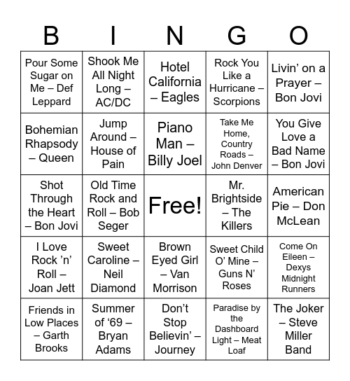 Bar Anthems Bingo Card