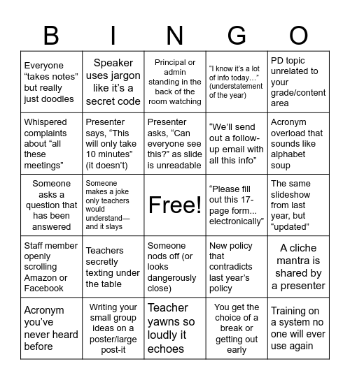 Back to school Bingo Card