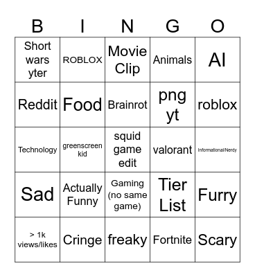 YT shorts bingo Card