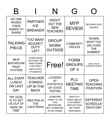 IN SERVICE TEACHER BINGO Card