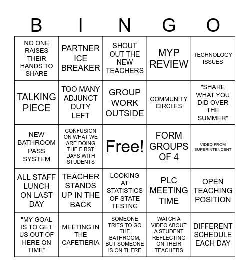 IN SERVICE TEACHER BINGO Card
