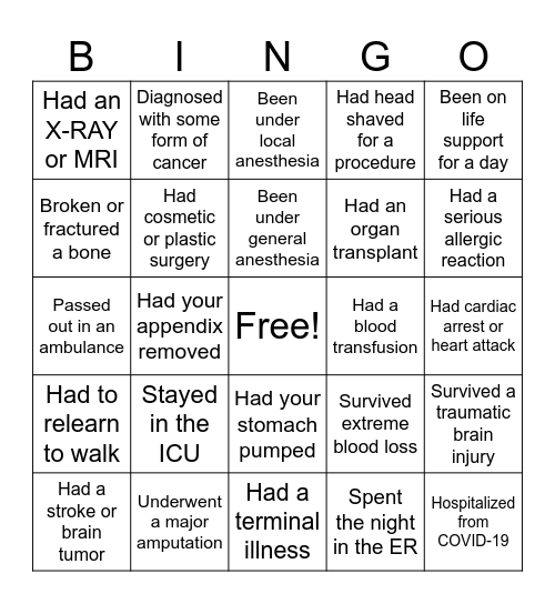 Medical Bingo Card