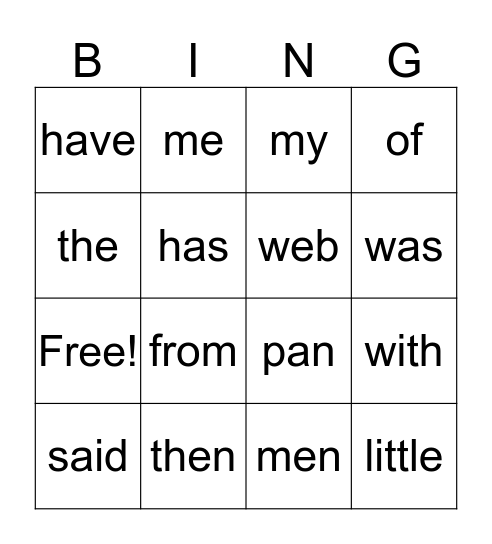 Sight Word Bingo Card