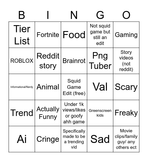 YT Short Bingo Card