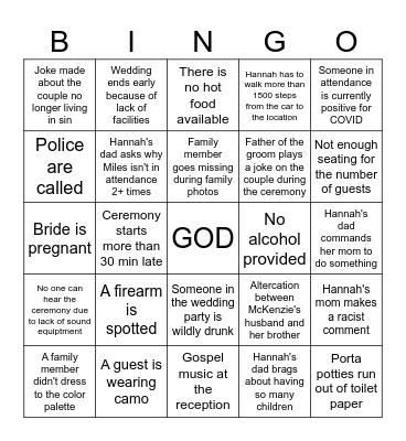 Cook Family Wedding Bingo Card