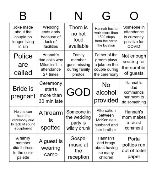 Cook Family Wedding Bingo Card