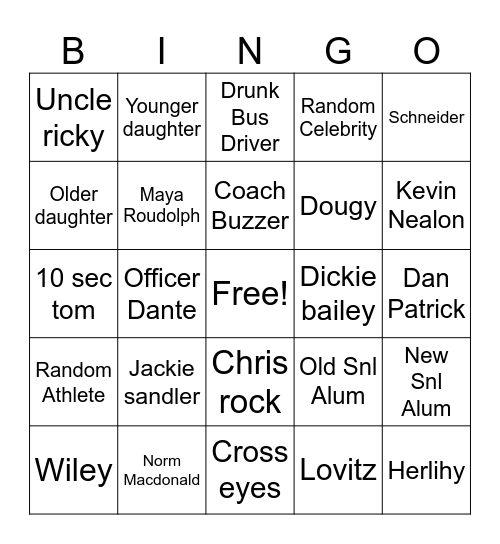 Adam Sandler Friends Bingo Card
