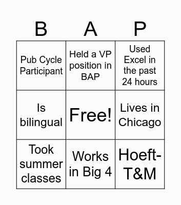 Alumni Event Bingo Card