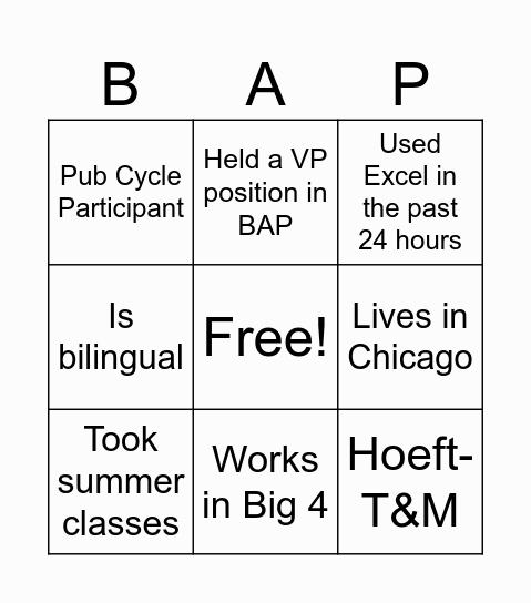 Alumni Event Bingo Card