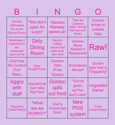 Kitchen Nightmares Bingo Card