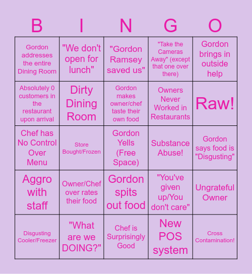 Kitchen Nightmares Bingo Card