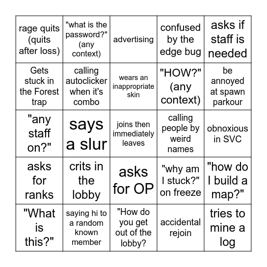 New Minehut Tagg3d player Bingo Card