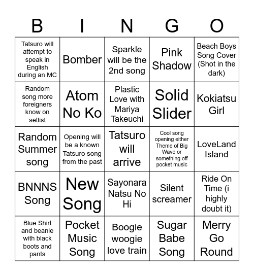 Tatsuro Yamashita at Fuji Rock Bingo Card