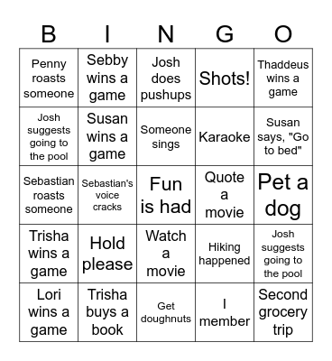 Rafacz Vacation 2025 Bingo Card