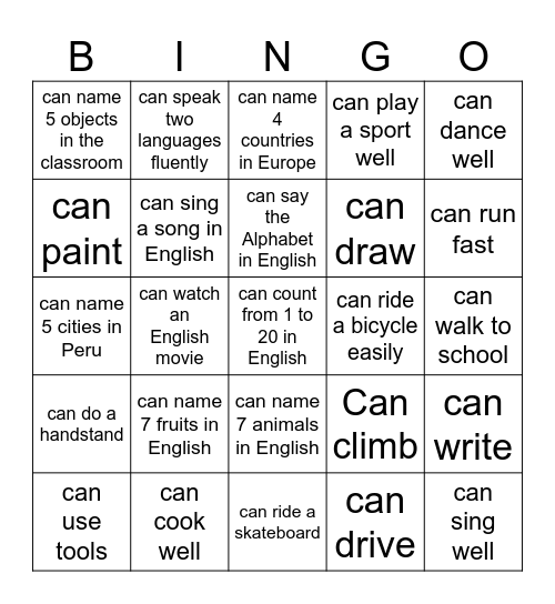 Can/Can't BINGO Card