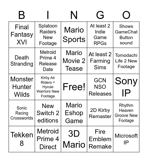 Switch 2 Direct July 2025 Bingo Card