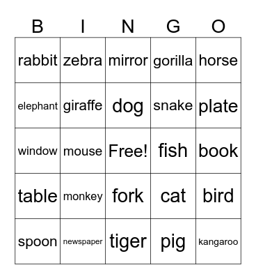 Animals & Household Items Bingo Card