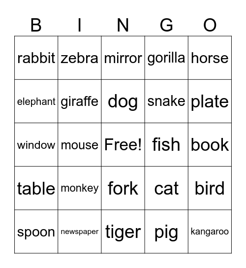 Animals & Household Items Bingo Card
