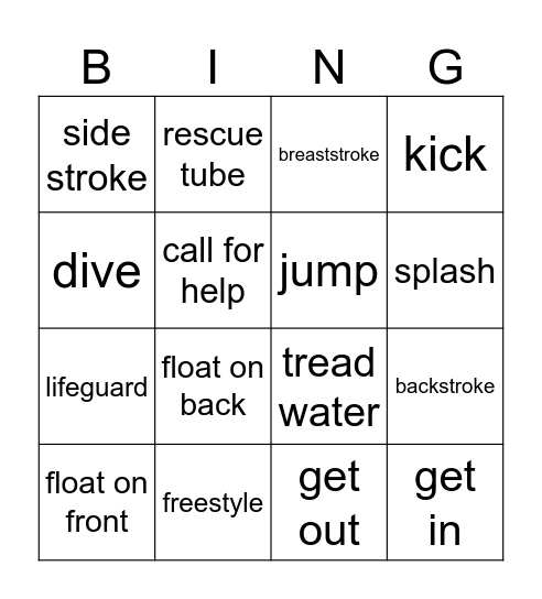 Swimming Vocabulary Bingo Card