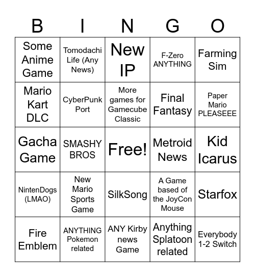 Nintendo Direct Bingo Card