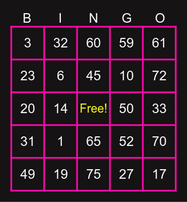 Teng Ting Bingo Card