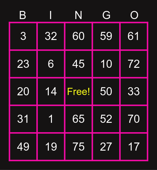 Teng Ting Bingo Card