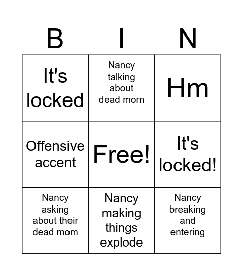 Nancy Drew Game Bingo Card