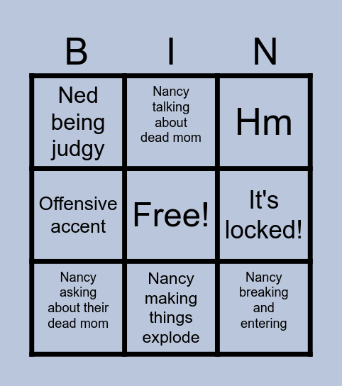 Nancy Drew Game Bingo Card