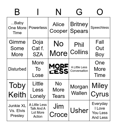More Or Less Bingo Card