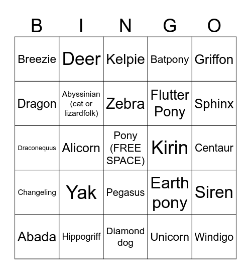 Rare MLP Species Bingo! Bingo Card