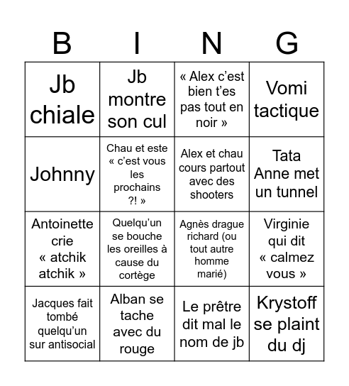 Mariage marie JB Bingo Card