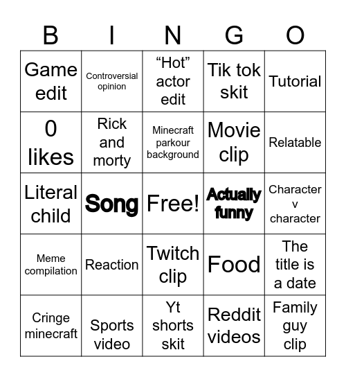 YouTube shorts Bingo Card