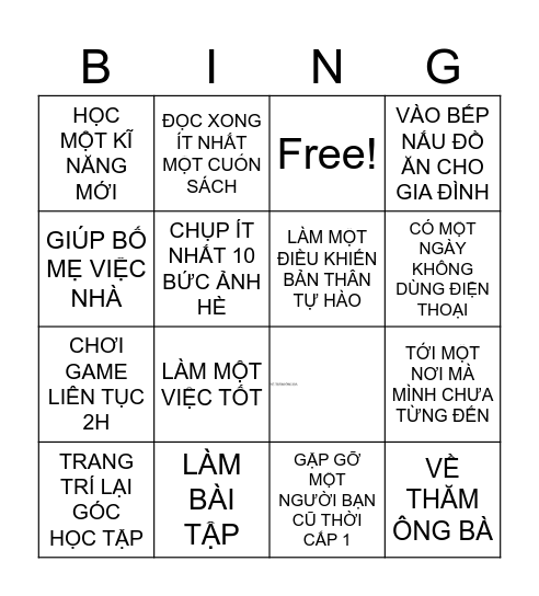 BINGO- MÙA HÈ CỦA TÔI Bingo Card