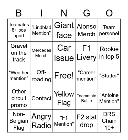 F2 Bingo Card