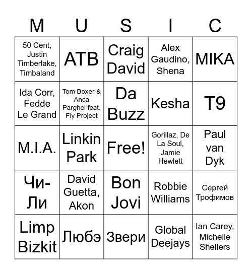 Музыкальный бинго Bingo Card