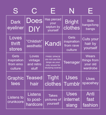 Scene bingo (made by an actual scene kid) Bingo Card