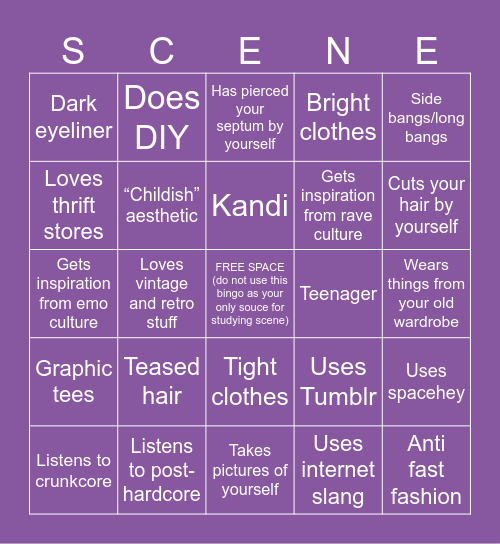 Scene bingo (made by an actual scene kid) Bingo Card