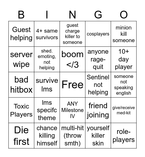 Forsaken Bingo Card