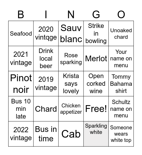 Wine bingo Card