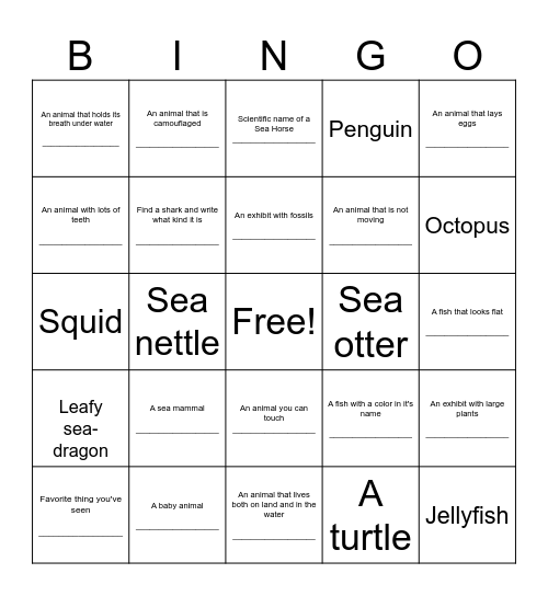 Aquarium BINGO Card