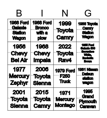 Dave's Cars Bingo Card
