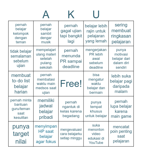 Regulasi Diri Belajar Bingo Card
