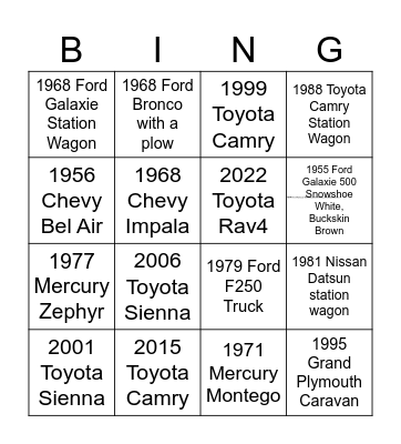 Dave's Cars Bingo Card