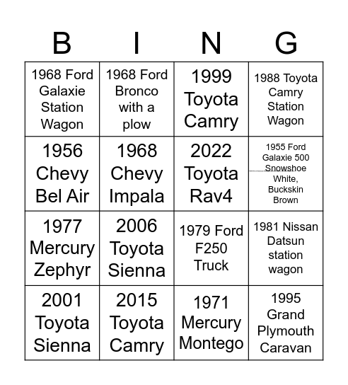 Dave's Cars Bingo Card