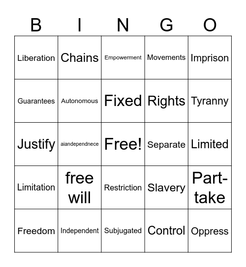 Freedom Vocabulary Bingo Card