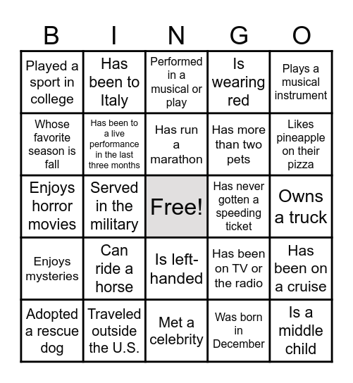 FIND SOMEONE WHO . . . Bingo Card
