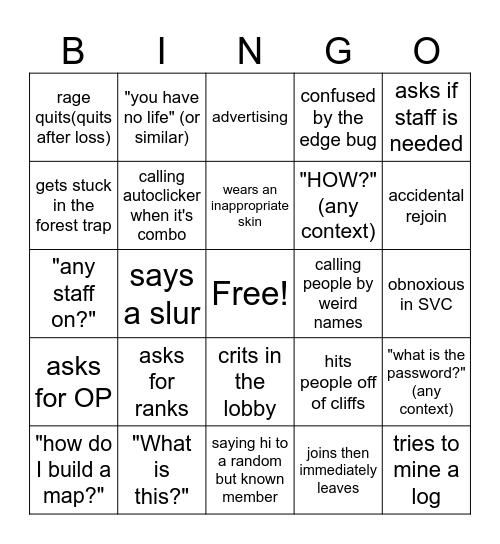New Minehut Tagg3d player Bingo Card
