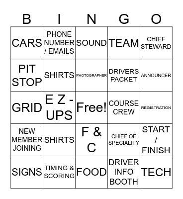 SCCA BINGO  Bingo Card