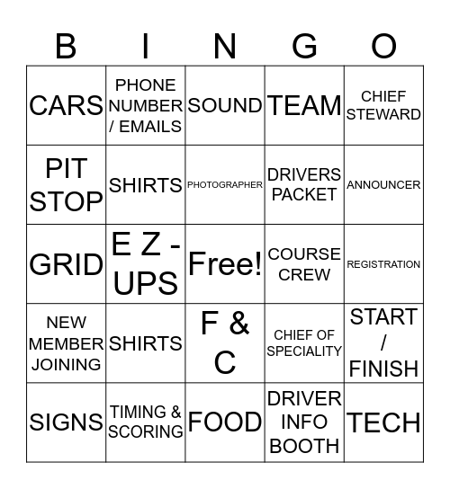 SCCA BINGO  Bingo Card