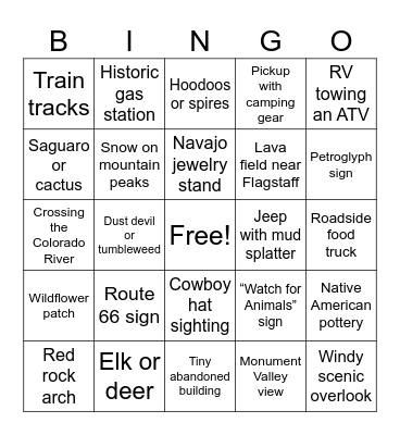 Williams, AZ to Moab, UT Bingo Card